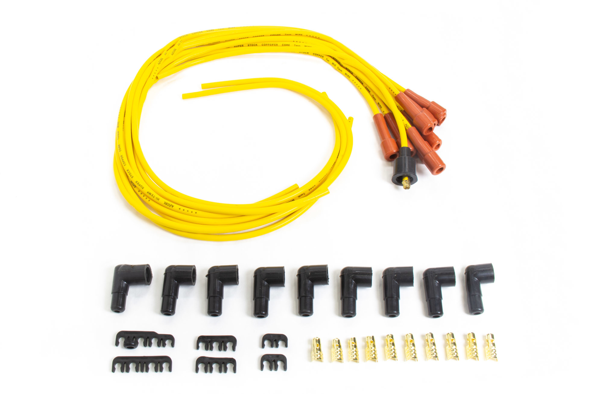 Accel 3008 Spark Plug Wire Set, Super Stock, Spiral Core, 7 mm, Yellow, Straight Plug Boots, Socket Style, Cut-To-Fit, V8, Kit