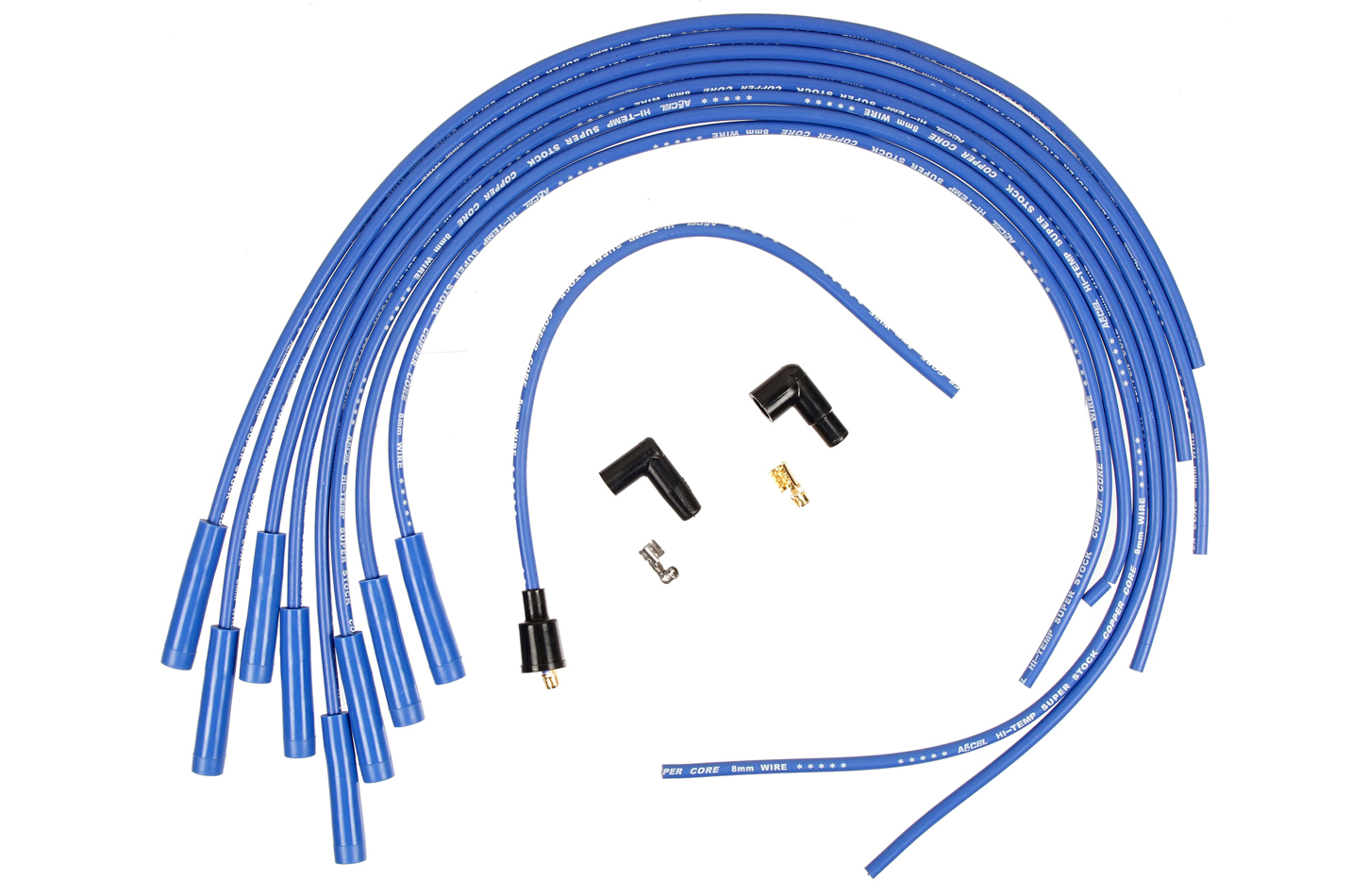 Accel 4038B Spark Plug Wire Set, Super Stock, Spiral Core, 8 mm, Blue, Straight Plug Boots, Socket Style, Cut-To-Fit, V8, Kit