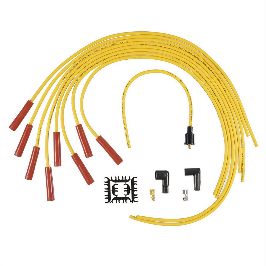 Accel 4040 Spark Plug Wire Set, Super Stock, Spiral Core, 8 mm, Yellow, Straight Plug Boots, HEI Style Terminal, Cut-To-Fit, V8, Kit