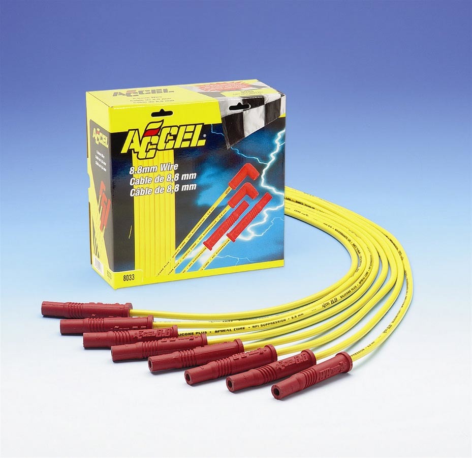 Accel 8033 Spark Plug Wire Set, Spiral Core, 8.8 mm, Yellow, Straight Plug Boots, HEI Style Terminal, Cut-To-Fit, V8, Kit