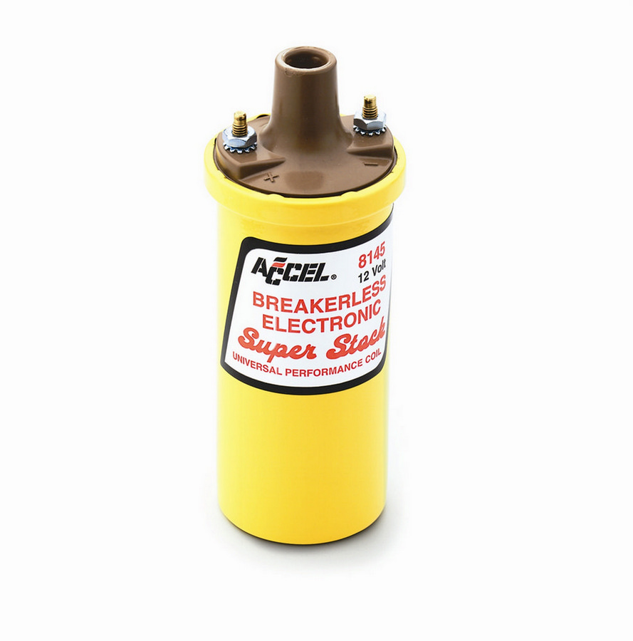 Accel 8145 Ignition Coil, Super Stock, Canister, Oil Filled, 0.700 ohm, Female Socket, 45000V, Yellow, Each