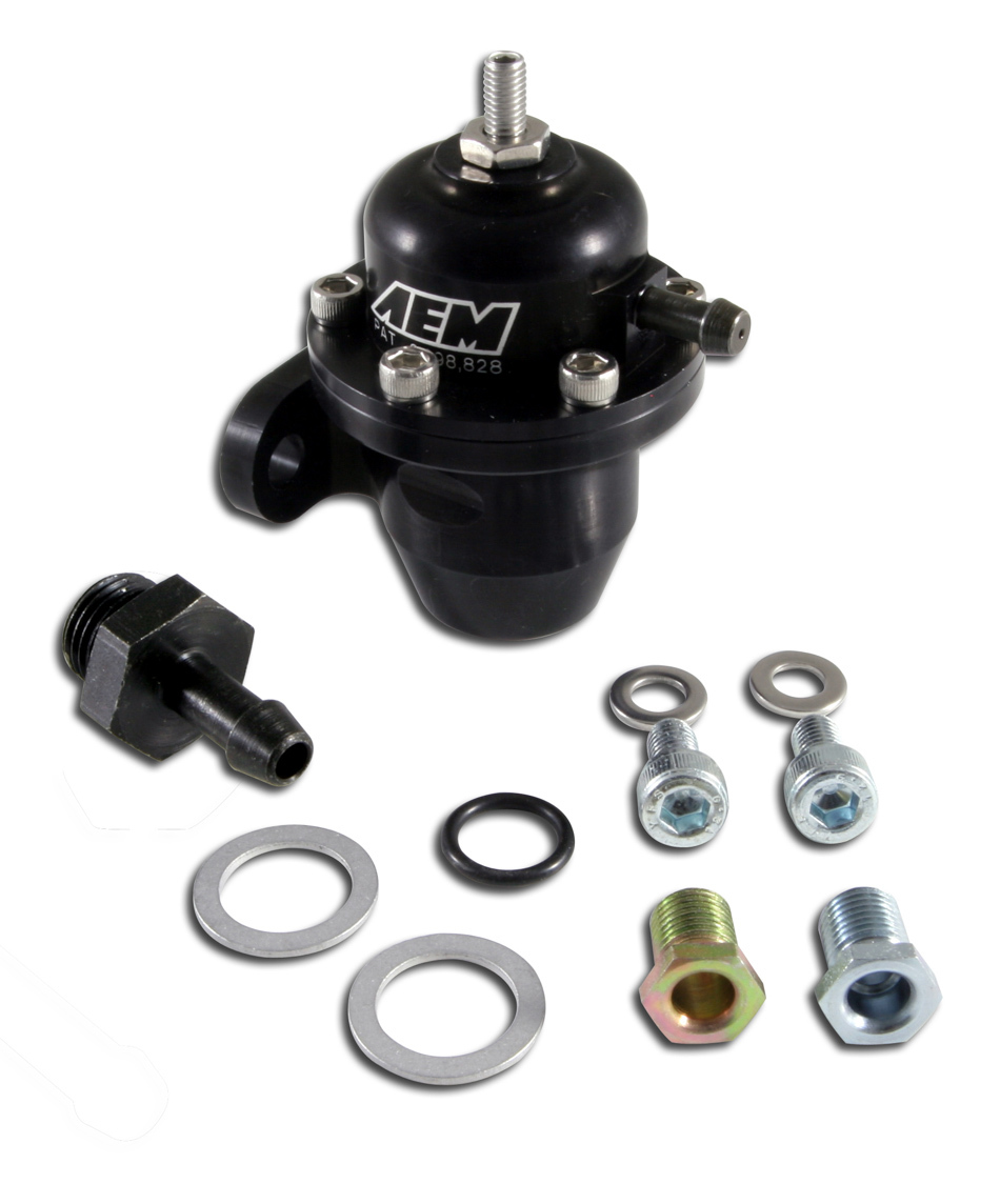 AEM 25-300BK Fuel Pressure Regulator, Adjustable, Rail Mount, Aluminum, Black Anodized, Gas, Honda / Acura 4-Cylinder, Each