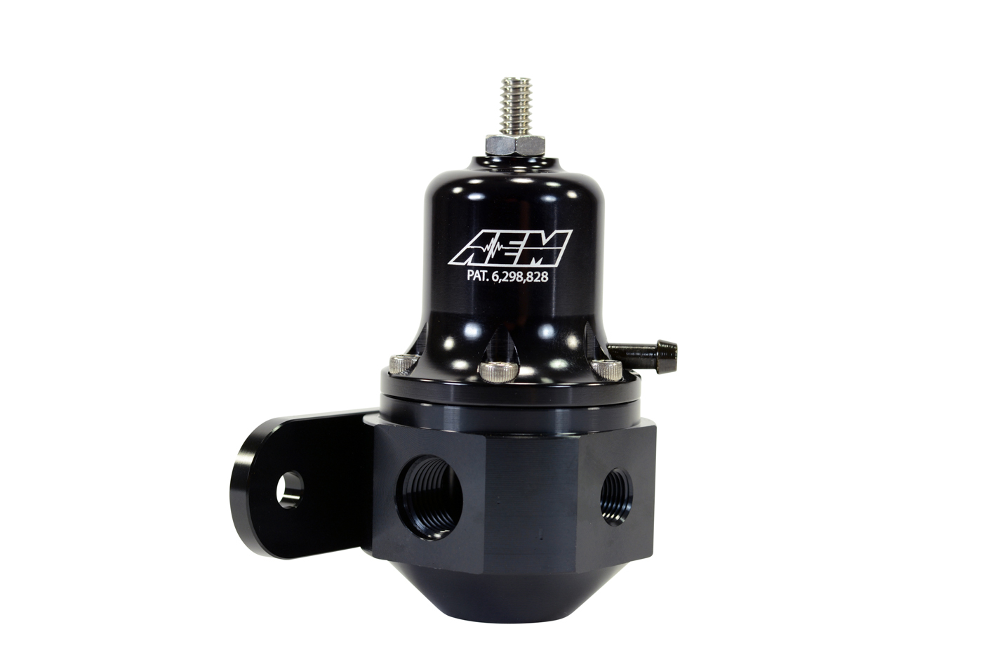 AEM 25-305BK Fuel Pressure Regulator, Adjustable, 40 to 130 psi, 6 AN Female O-Ring Inlet, 6 AN Female O-Ring Outlet, 6 AN Female O-Ring Return, 1/8 in NPT Port, Aluminum, Black Anodized, E85 / Gas / Methanol, Each