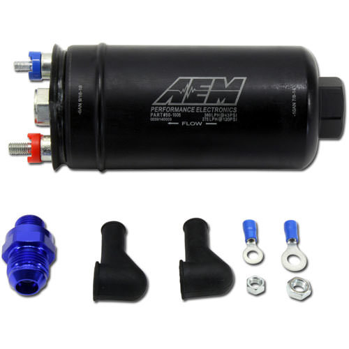 AEM 50-1005 Fuel Pump, High Flow, Electric, In-Line, 380 lph at 90 psi, 10 AN Female O-Ring Inlet, 6 AN Female O-Ring Outlet, Install Kit, Gas, Kit
