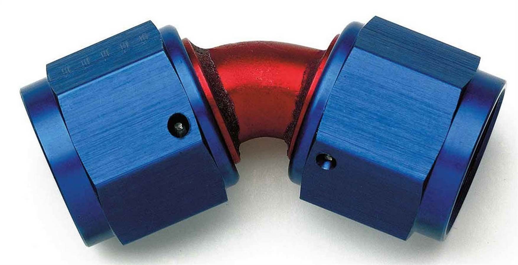 Aeroquip FCM2971 Fitting, Adapter, 45 Degree, 6 AN Female Swivel to 6 AN Female Swivel, Aluminum, Blue / Red Anodized, Each