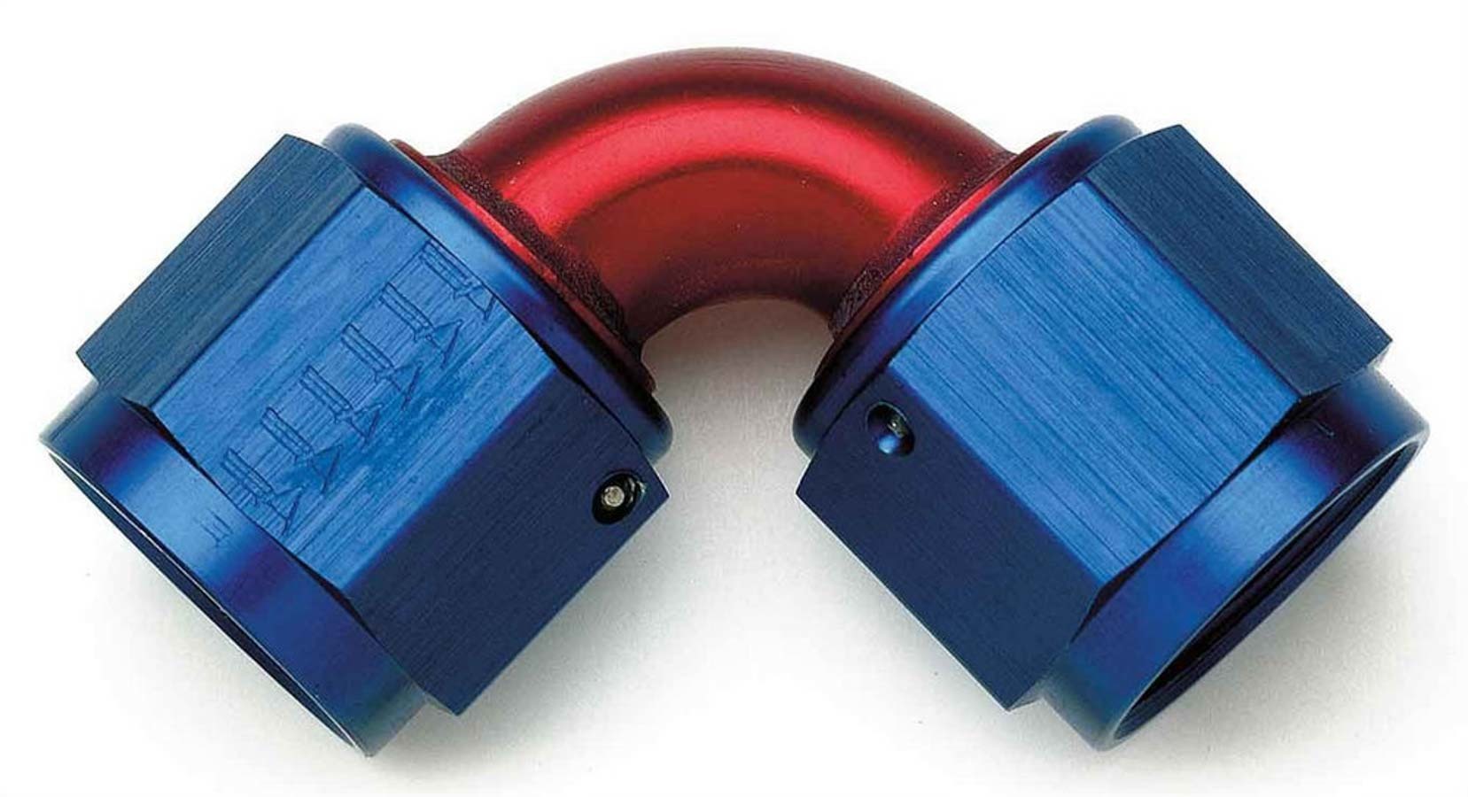 Aeroquip FCM2978 Fitting, Adapter, 90 Degree, 6 AN Female Swivel to 6 AN Female Swivel, Aluminum, Blue / Red Anodized, Each