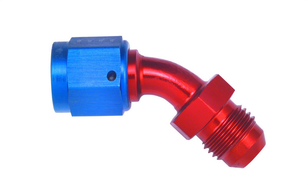 Aeroquip FCM3148 Fitting, Adapter, 45 Degree, 6 AN Female Swivel to 6 AN Male, Aluminum, Blue / Red Anodized, Each