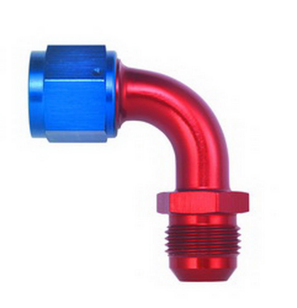 Aeroquip FCM3155 Fitting, Adapter, 90 Degree, 6 AN Female Swivel to 6 AN Male, Aluminum, Blue / Red Anodized, Each