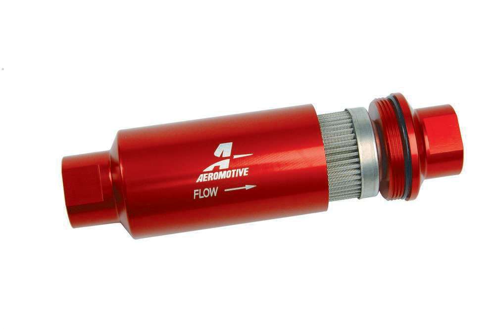 Aeromotive 12304 Fuel Filter, In-Line, 100 Micron, Stainless Element, 10 AN Female O-Ring Inlet, 10 AN Female O-Ring Outlet, Aluminum, Red Anodized, Each