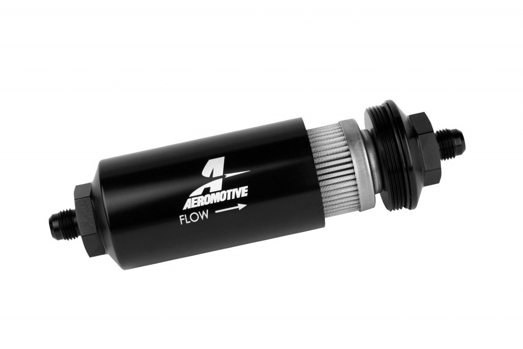 Aeromotive 12348 Fuel Filter, In-Line, 40 Micron, Stainless Element, 6 AN Male Inlet, 6 AN Male Outlet, Aluminum, Black Anodized, Each