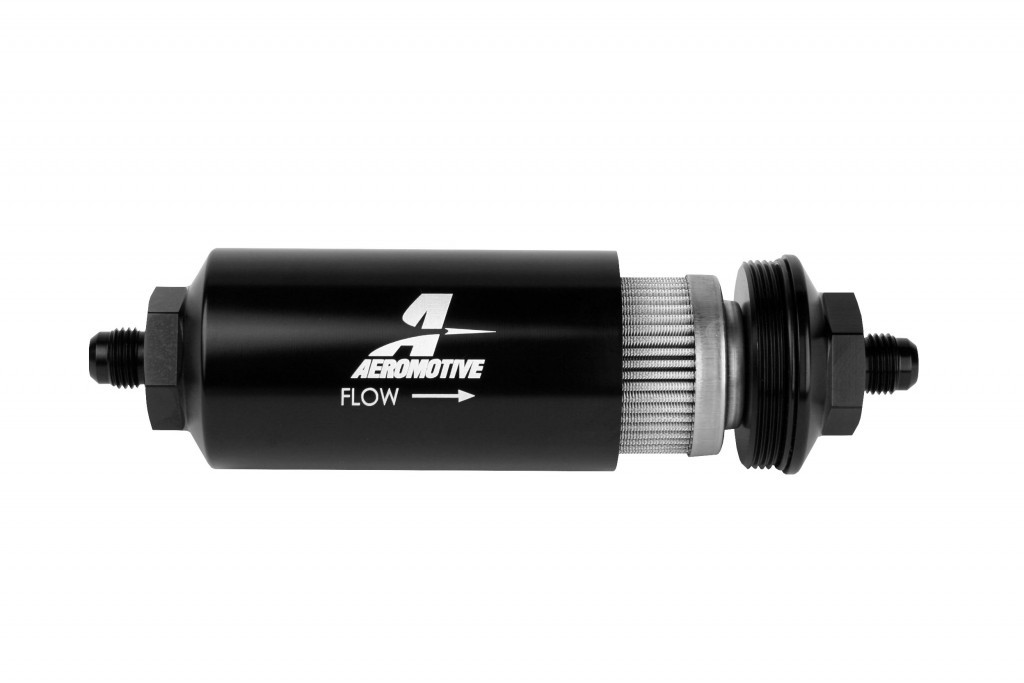 Aeromotive 12349 Fuel Filter, In-Line, 100 Micron, Stainless Element, 6 AN Male Inlet, 6 AN Male Outlet, Aluminum, Black Anodized, Each