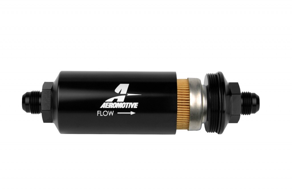 Aeromotive 12377 Fuel Filter, In-Line, 10 Micron, Cellulose Element, 8 AN Male Inlet, 8 AN Male Outlet, Aluminum, Black Anodized, Each