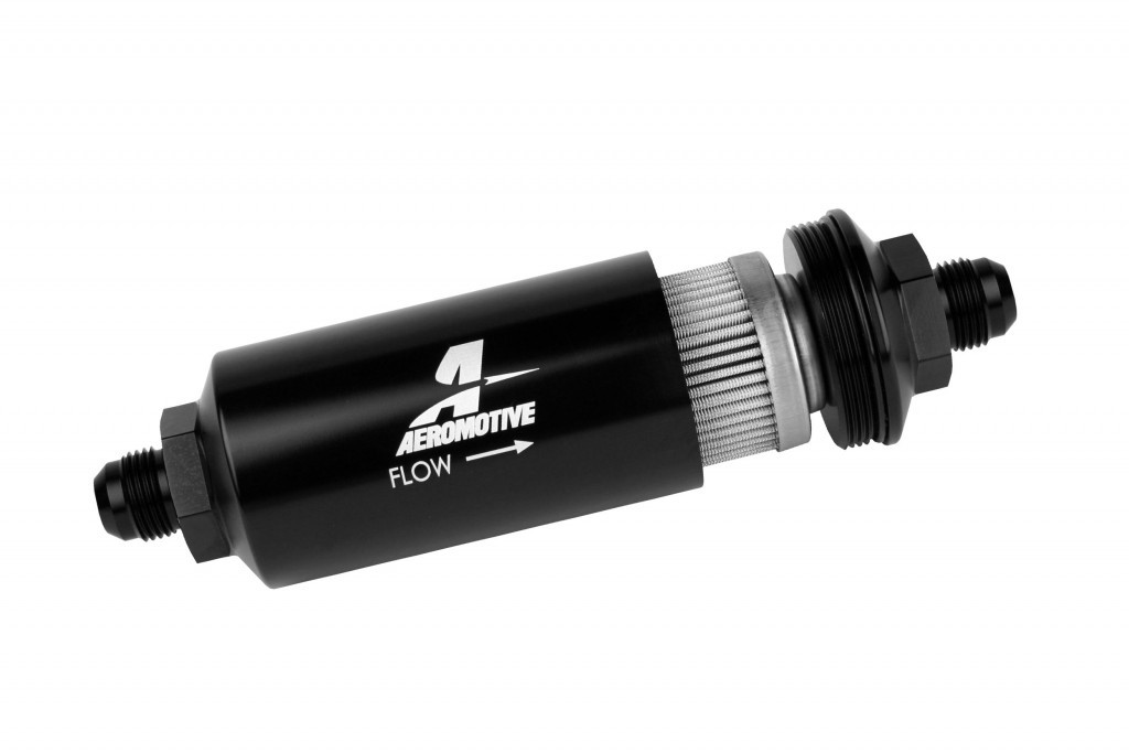 Aeromotive 12378 Fuel Filter, In-Line, 40 Micron, Stainless Element, 8 AN Male Inlet, 8 AN Male Outlet, Aluminum, Black Anodized, Each