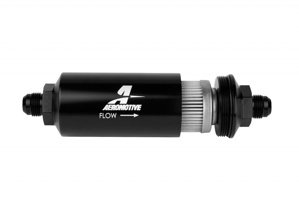 Aeromotive 12379 Fuel Filter, In-Line, 100 Micron, Stainless Element, 8 AN Male Inlet, 8 AN Male Outlet, Aluminum, Black Anodized, Each