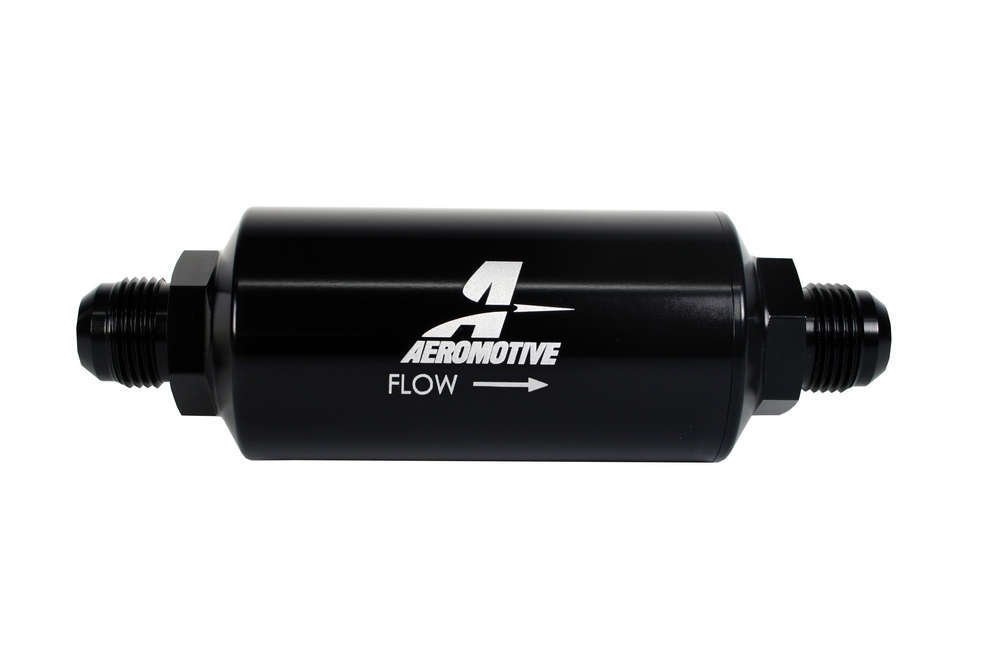 Aeromotive 12387 Fuel Filter, In-Line, 10 Micron, Cellulose Element, 10 AN Male Inlet, 10 AN Male Outlet, Aluminum, Black Anodized, Each