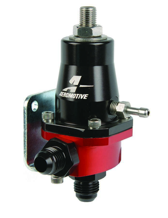 Aeromotive 13105 Fuel Pressure Regulator, Compact EFI, 30 to 70 psi, In-Line, 6 AN Female O-Ring Inlets / Return, Bypass, 1/8 in NPT Port, Black / Red Anodized, E85 / Gas / Diesel, Each