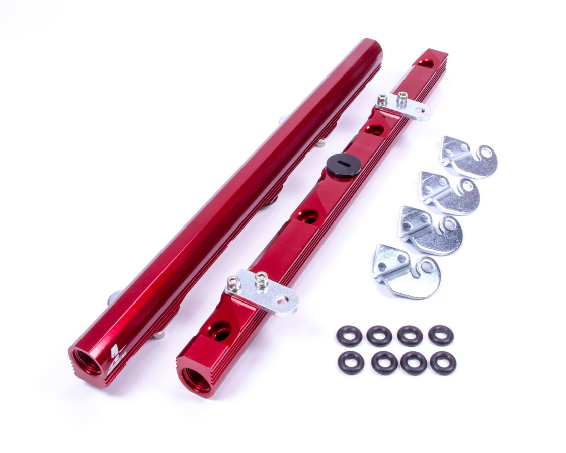 Aeromotive 14114 Fuel Rail, 8 AN Female O-Ring Inlets, 8 AN Female O-Ring Outlets, Aluminum, Red Anodized, Brackets Included, LS2, GM LS-Series, Kit