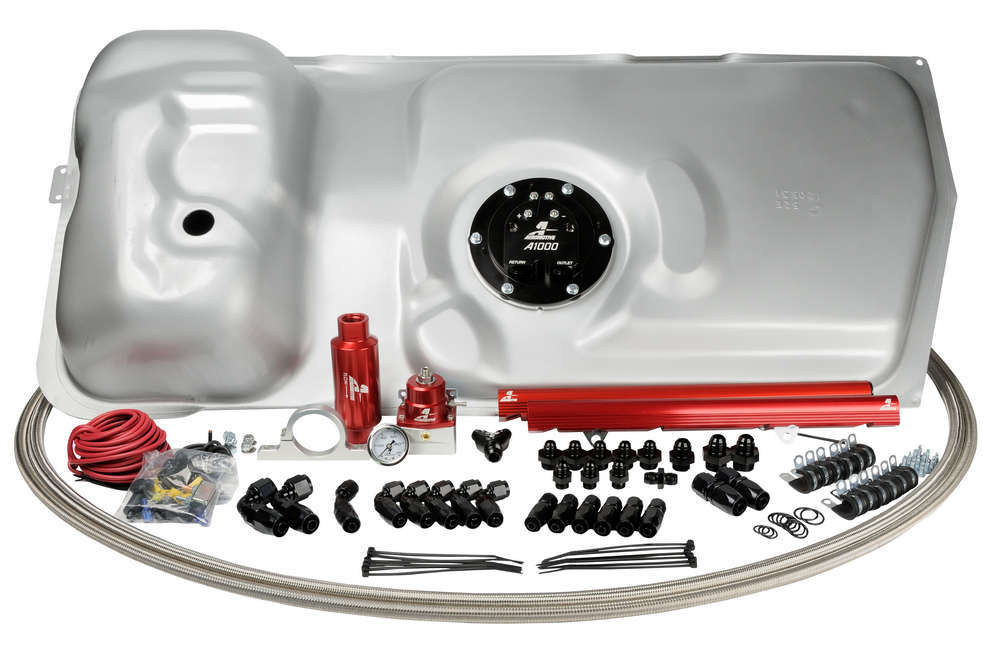 Aeromotive 17130 Fuel Cell and Pump, Stealth, 44 x 21 x 12 in Tall, 10 AN O-Ring Outlet, Clamps / Fuel Pump / Fittings, 100 gph, 380 lph at 70 psi, Ford Mustang 1986-95, Kit