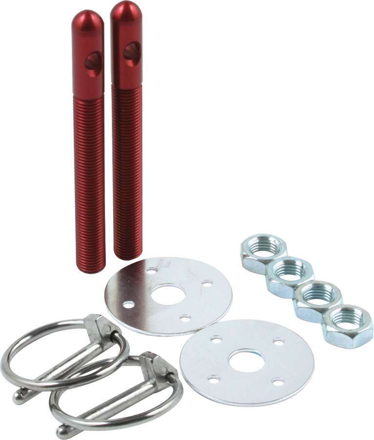 Allstar Performance 18481 Hood Pin, 3/8 in OD x 3-1/2 in Long, 1-1/2 in OD Scuff Plates, Torsion Clips, Hardware Included, Aluminum, Red Anodized, Kit