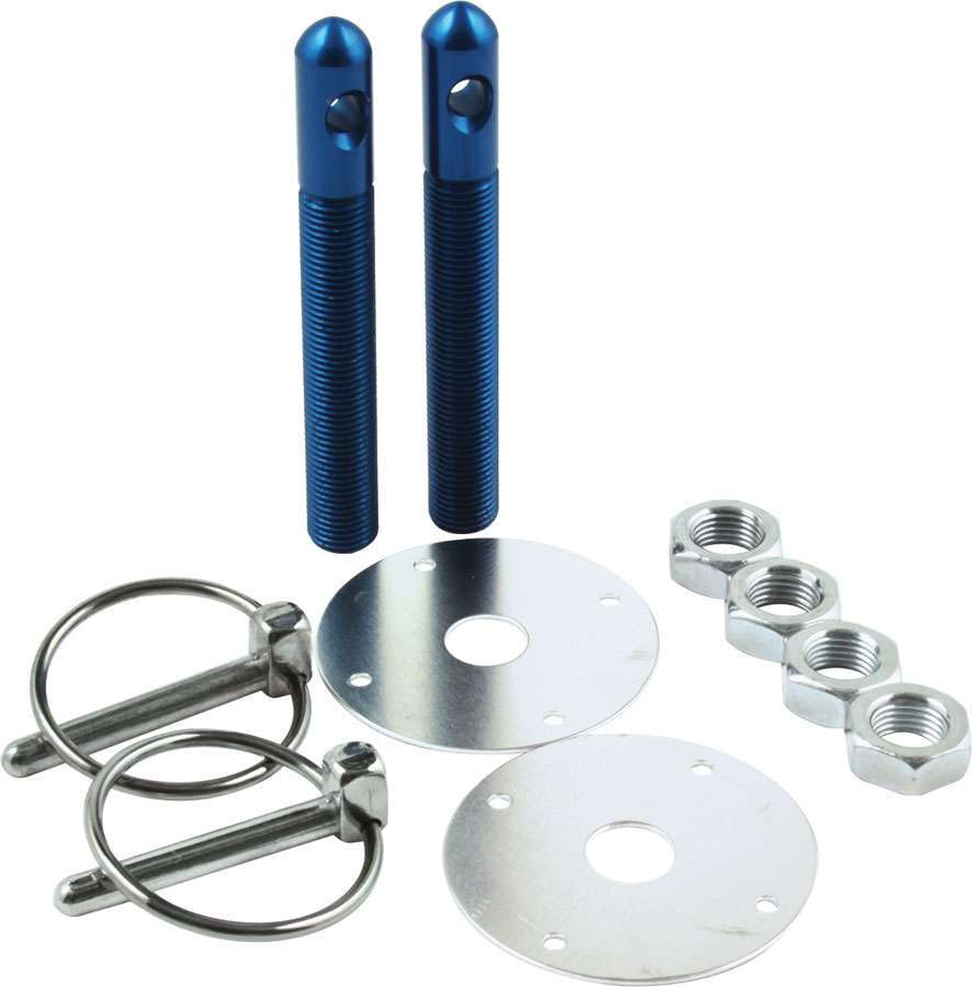 Allstar Performance 18502 Hood Pin, 1/2 in OD x 4 in Long, 2-1/4 in OD Scuff Plates, Torsion Clips, Hardware Included, Aluminum, Blue Anodized, Kit