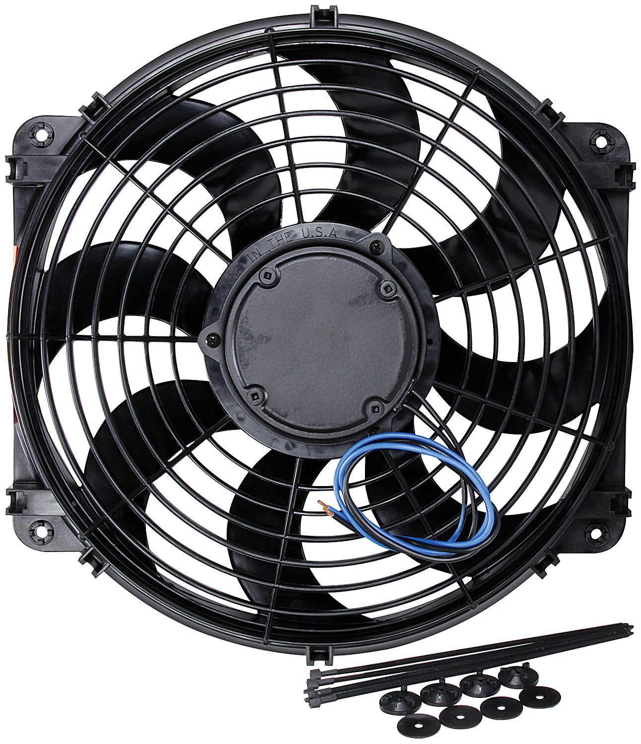 Electric Cooling Fan - 14 in Fan - Push / Pull - 1530 CFM - 12V - Curved Blade - 13-3/4 x 14-5/8 in - 3-3/4 in Thick - Plastic - Kit