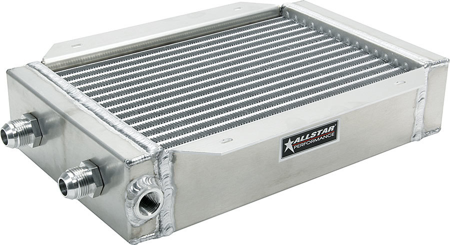 Allstar Performance 30145 Fluid Cooler, 8.750 x 15 x 3.500 in, Plate Type, 12 AN Male Inlet / Outlet, 1/2 in NPT Female Port, Aluminum, Natural, Engine Oil, Each