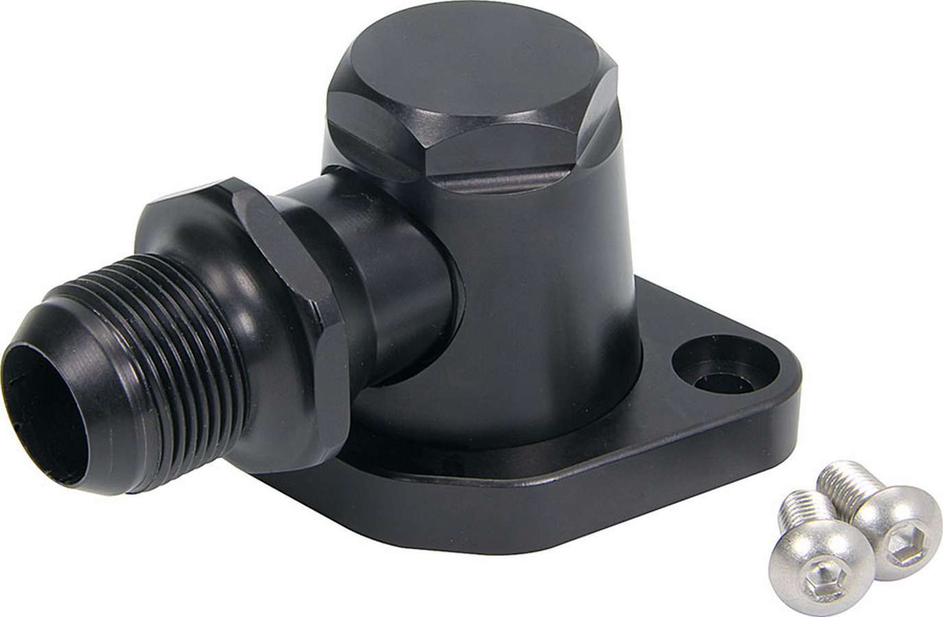 Allstar Performance 30372 Water Neck, 90 Degree, 16 AN Male Inlet, Swivel, O-Ring, Hardware Included, Billet Aluminum, Black Anodized, Chevy V8, Each