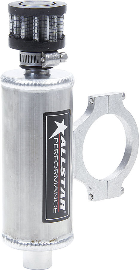 Allstar Performance 36141 Breather Tank, Mini, 1-1/2 in Diameter x 6-3/4 in Tall, 1/4 in NPT Female Inlet, Bar Mount, Breather Included, Aluminum, Natural, 1-3/4 in Tubes, Each