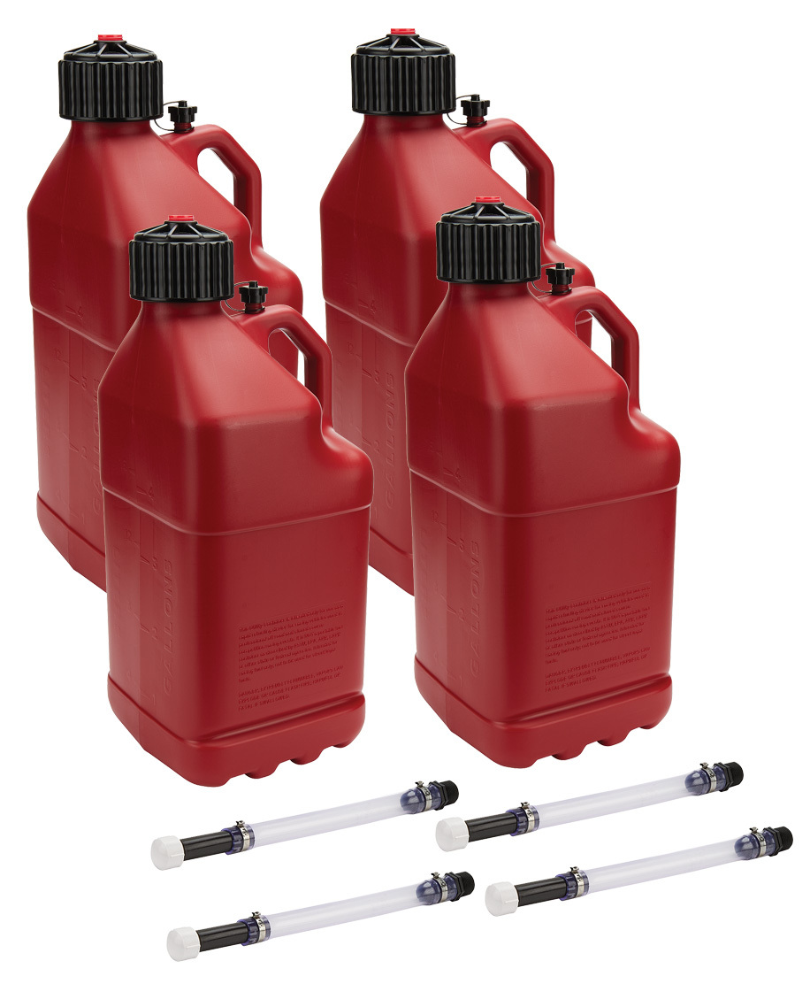 Allstar Performance 40121-4 Utility Jug, 5 gal, 9-1/2 x 9-1/2 x 22-3/4 in Tall, O-Ring Seal Cap, Screw-On, Vent, Filler Hose, Square, Plastic, Red, Set of 4