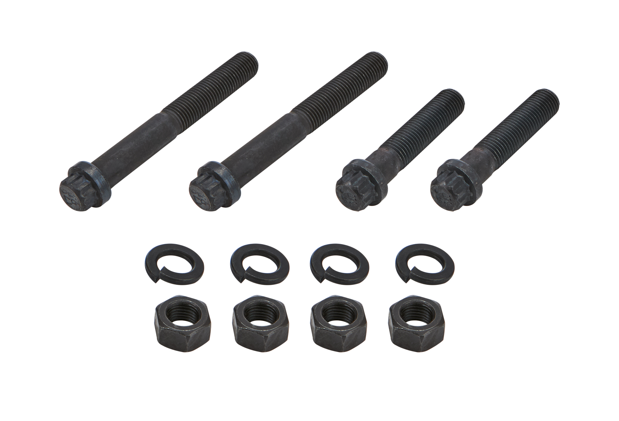 Allstar Performance 55963 Spindle Hardware, 7/16-20 Thread, Two 3-1/4 in Bolts, Two 2 in Long Bolts, 12 Point Head, Lock Washers / Nuts Included, Steel, Black Oxide, Kit