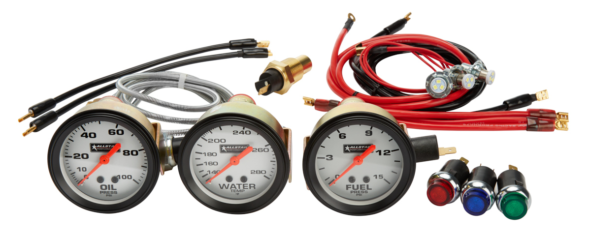 Allstar Performance 80082 Gauge Kit, Oil Pressure / Water Temperature / Fuel Pressure, White Face, Warning Light, Kit