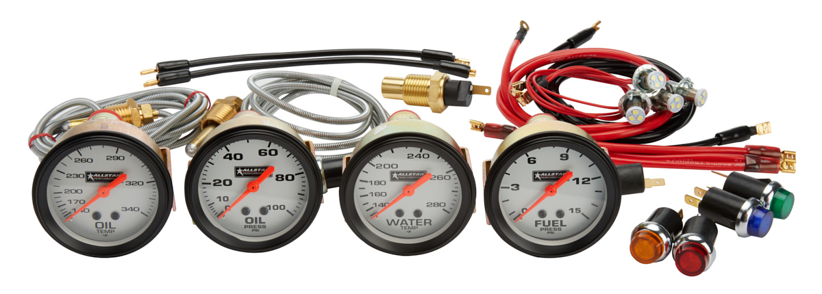 Allstar Performance 80083 Gauge Kit, Oil Pressure / Water Temperature / Oil Temperature / Fuel Pressure, White Face, Warning Light, Kit