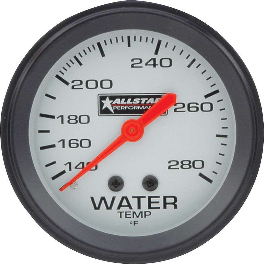 Allstar Performance 80096 Water Temperature Gauge, 140-280 Degree F, Mechanical, Analog, 2-5/8 in Diameter, Silver Face, Each