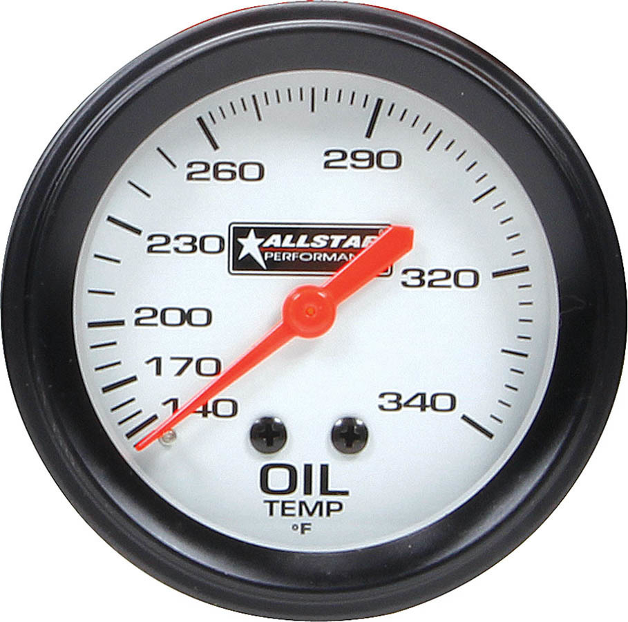 Allstar Performance 80097 Oil Temperature Gauge, 140-340 Degree F, Mechanical, Analog, 2-5/8 in Diameter, Silver Face, Each