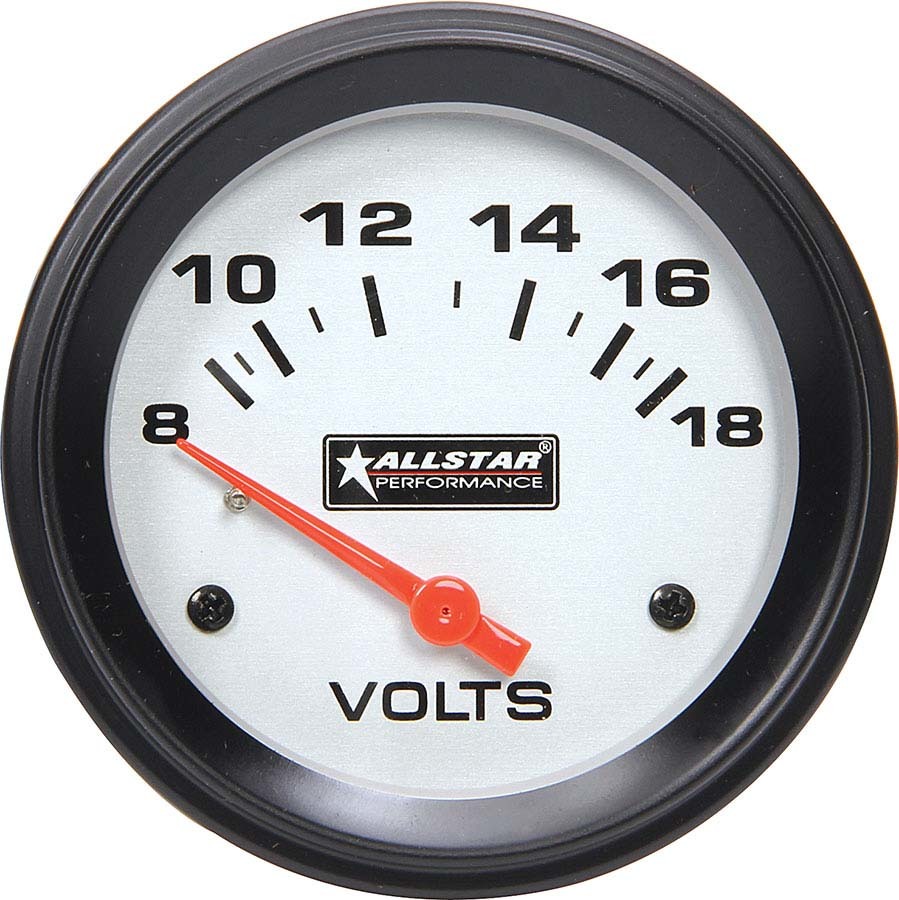 Allstar Performance 80099 Voltmeter, 8-18V, Electric, Analog, Short Sweep, 2-5/8 in Diameter, White Face, Each