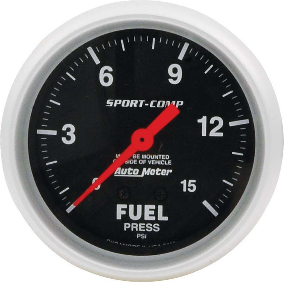 Allstar Performance 80134 Fuel Pressure Gauge, Auto Meter Sport-Comp, 0-15 psi, Mechanical, Analog, 2-5/8 in Diameter, Black Face, Each