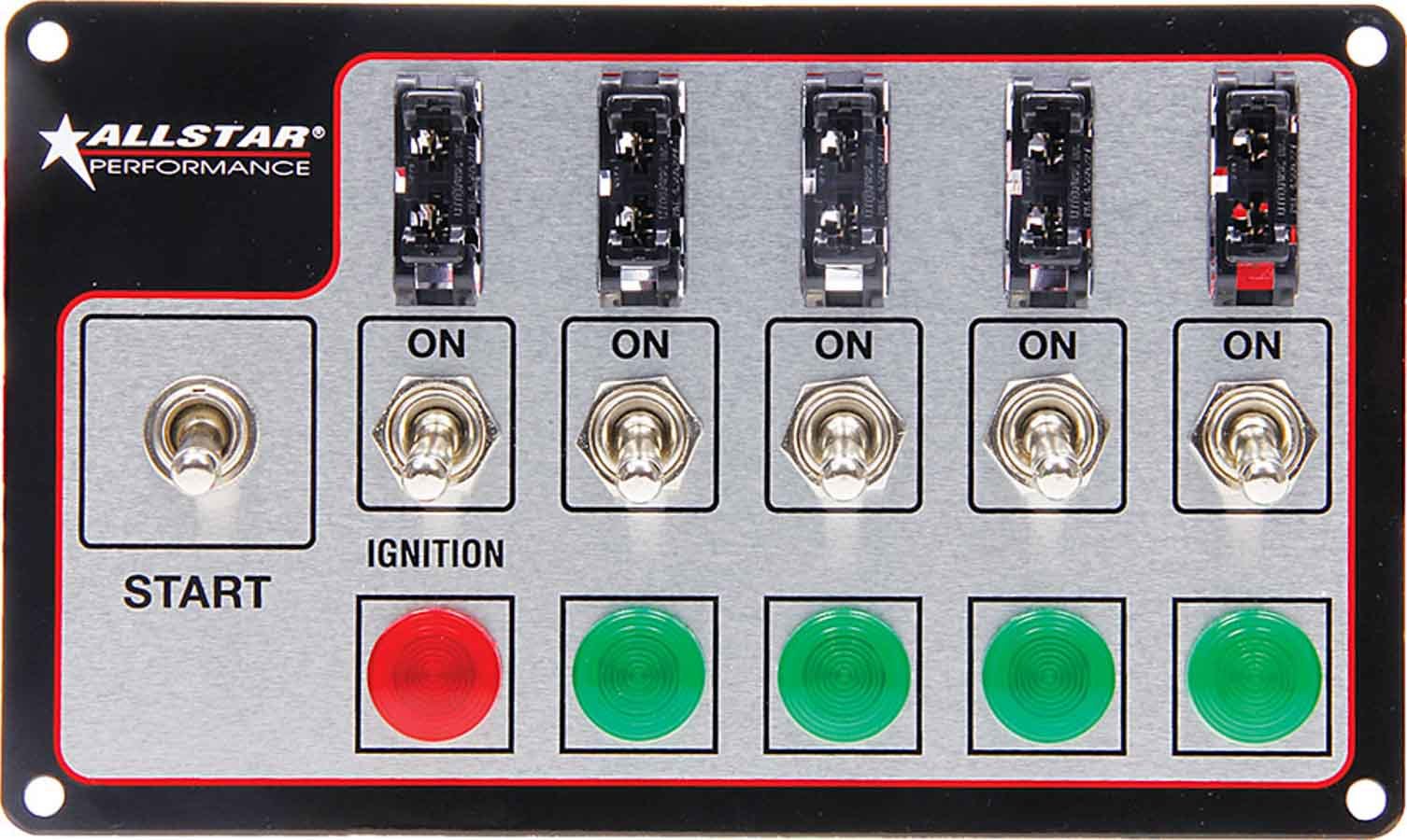Allstar Performance 80138 Switch Panel, Dash Mount, 4 x 7 in, 4 Toggles / 1 Ignition / 1 Momentary Toggle, Fused, Kit