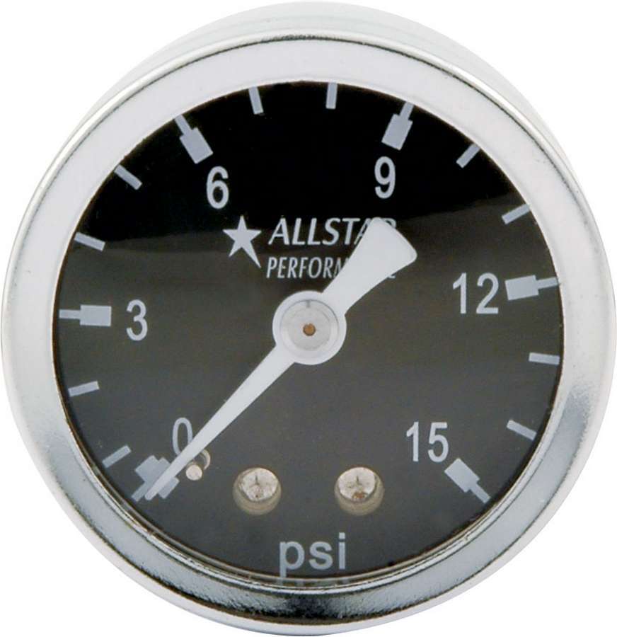 Allstar Performance 80200 Pressure Gauge, 0-15 psi, Mechanical, Analog, 1-1/2 in Diameter, Liquid Filled, 1/8 in NPT Port, Black Face, Each