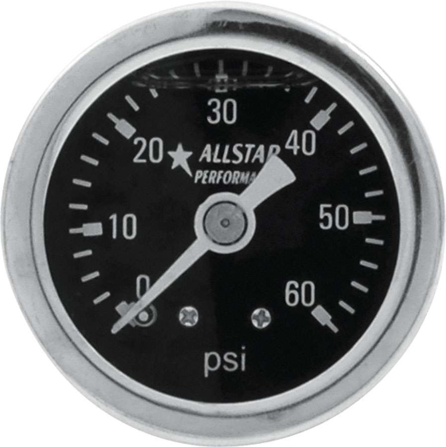 Allstar Performance 80204 Pressure Gauge, 0-60 psi, Mechanical, Analog, 1-1/2 in Diameter, Liquid Filled, 1/8 in NPT Port, Black Face, Each