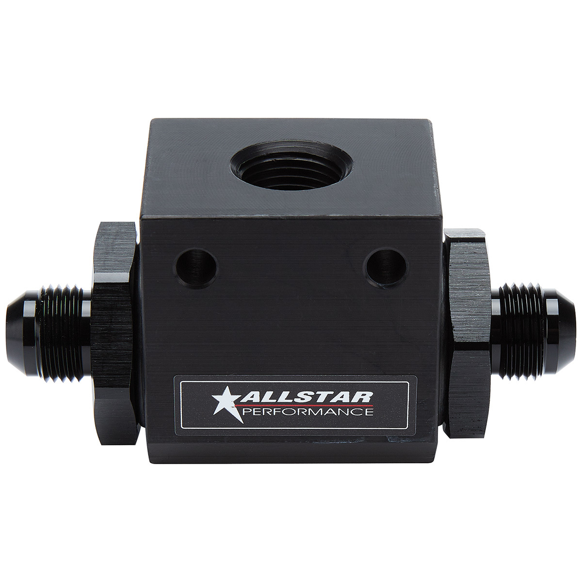 Allstar Performance 90039 Temperature Manifold, 8 AN Male Inlet, 8 AN Male Outlet, 1/2 in NPT Female Port, 1/4 in Mounting Holes, Aluminum, Black Anodized, Each