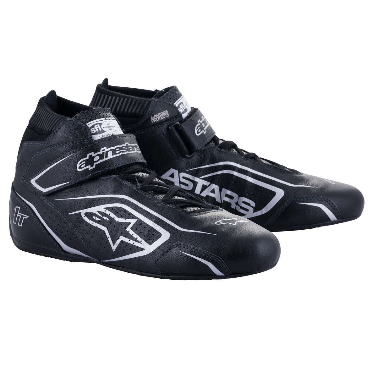 Alpinestars 2710122-119-10 Driving Shoe, Tech 1-T V3, Mid-Top, SFI 3.3, Leather Outer, Nomex Inner, Black / Silver, Size 10, Pair