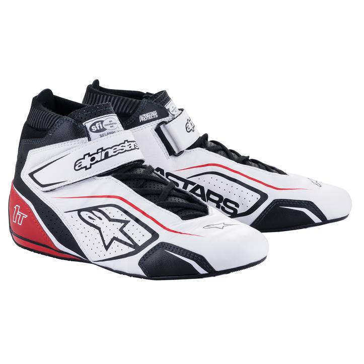 Alpinestars 2710122-213-10 Driving Shoe, Tech 1-T V3, Mid-Top, SFI 3.3, Leather Outer, Nomex Inner, White / Black / Red, Size 10, Pair