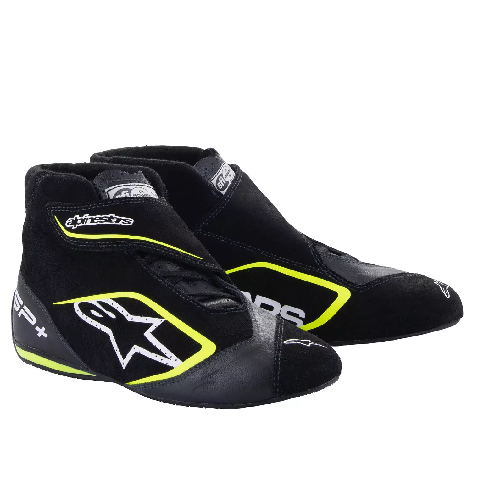 Alpinestars 2710823-155-10.5 Driving Shoe, SP+, Mid-Top, SFI 3.3, FIA Approved, Suede Outer, Nomex Inner, Black / Fluorescent Yellow, Size 10.5, Pair
