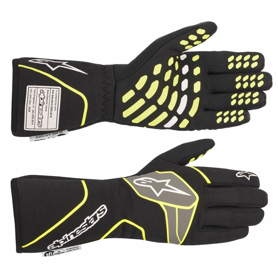 Driving Gloves - Tech-1 Race v2 - SFI 3.3/5 - FIA Approved - Fire Retardant Fabric - Elastic Cuff - Black / Fluorescent Yellow - Small - Pair