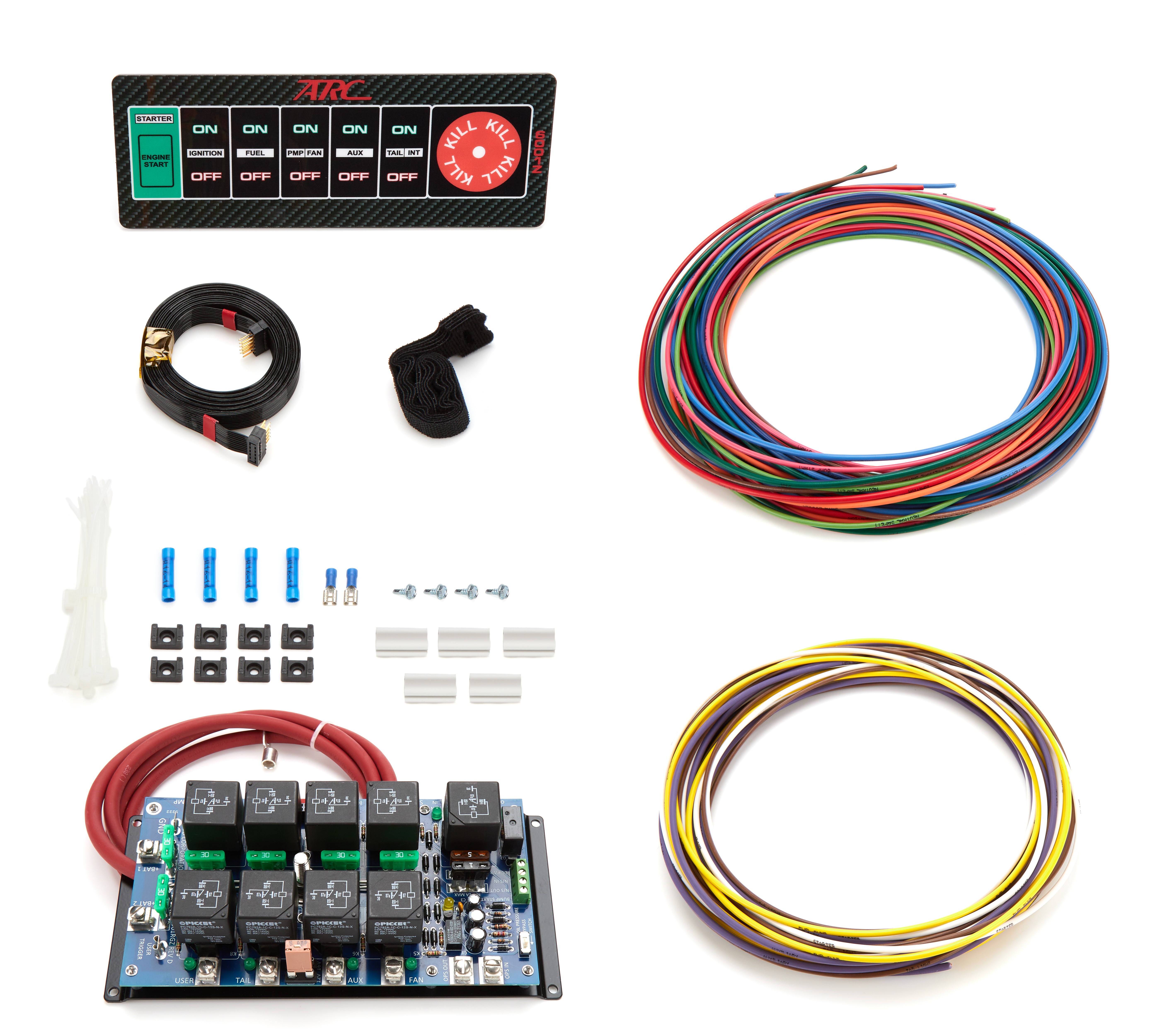 Auto Rod Controls 6001ZD-BL Switch Panel, Dash Mount, 8-3/4 x 3-1/4 in, 7 Flat Switches, Fused, Indicator Lights, Relay Board / Wiring Included, Blue Interior Light, Carbon Fiber Look, Kit