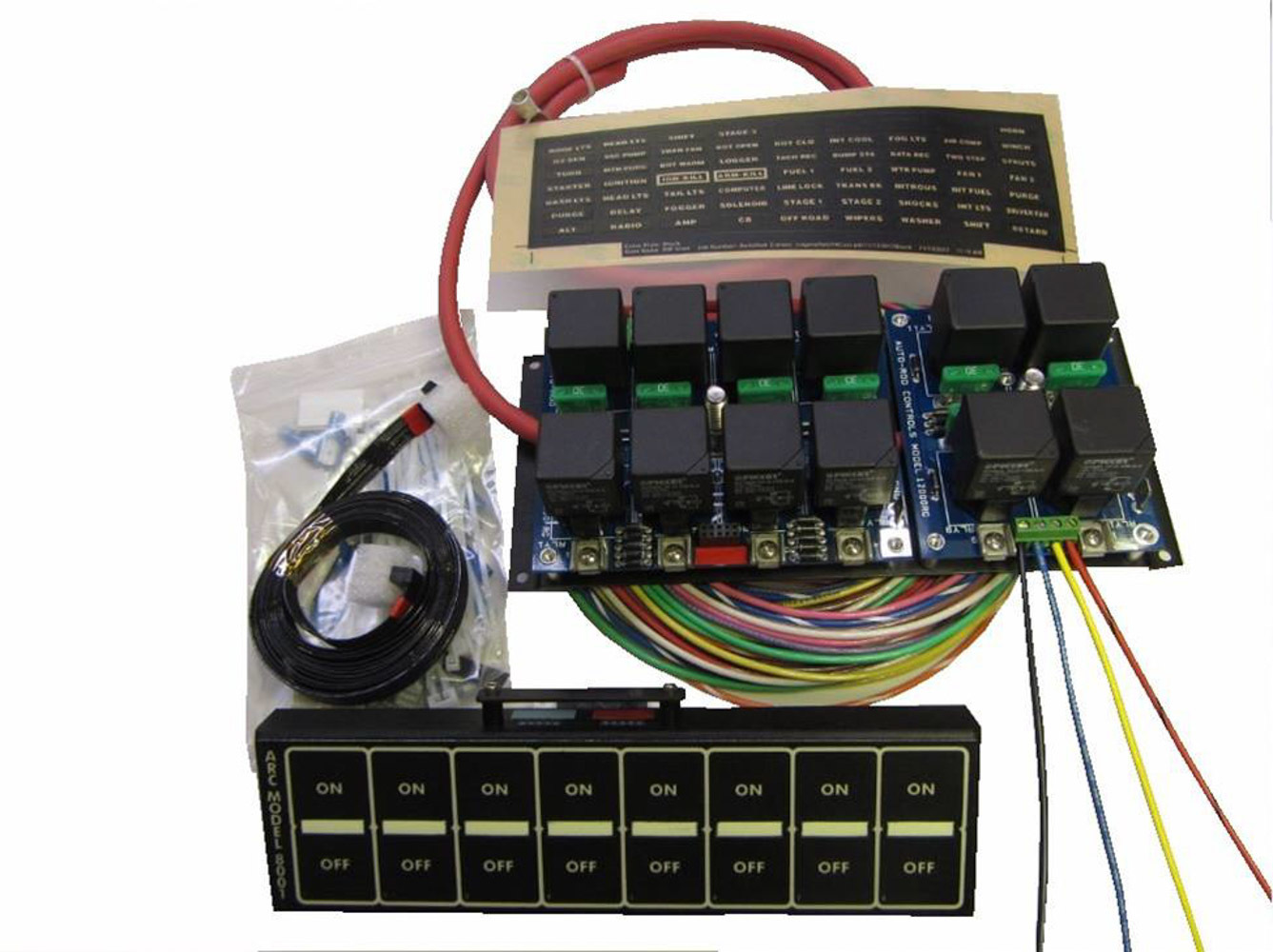 Auto Rod Controls 8001D Switch Panel, Model 8001, Dash Mount, 8-3/4 x 2-3/8 in, 8 Flat Switches, Fused, Indicator Lights, Relay Board / Wiring Included, Black Panel, Kit