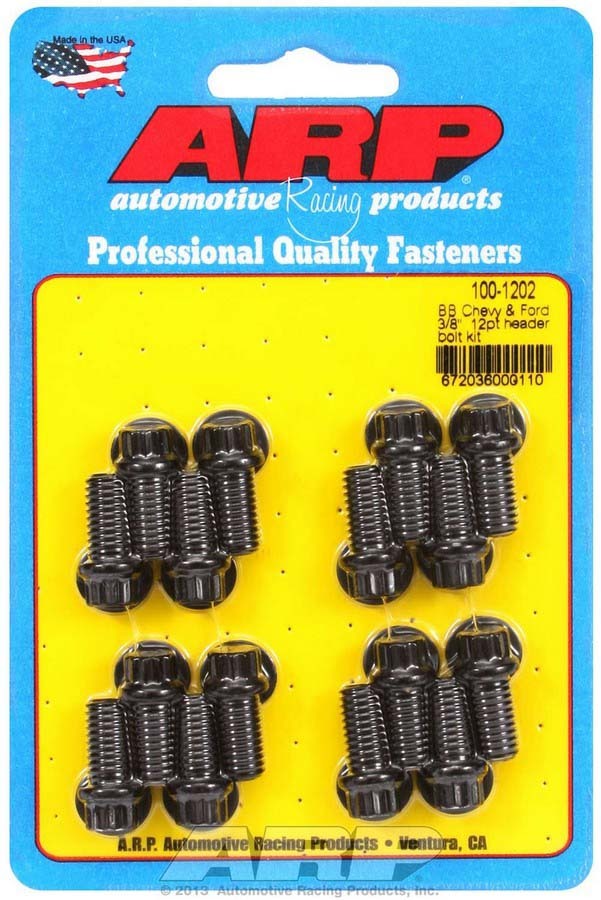 ARP 100-1202 Header Bolt, 3/8-16 in Thread, 0.750 in Long, 12 Point Head, Chromoly, Black Oxide, Big Block Chevy / Ford, Set of 16