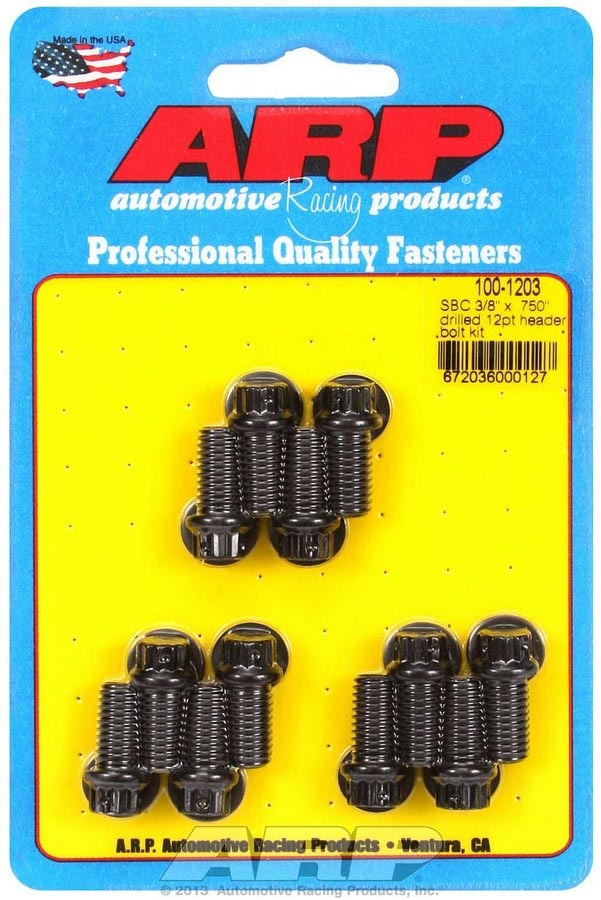 ARP 100-1203 Header Bolt, 3/8-16 in Thread, 0.750 in Long, 12 Point Head, Chromoly, Black Oxide, Drilled, Small Block Chevy, Set of 12