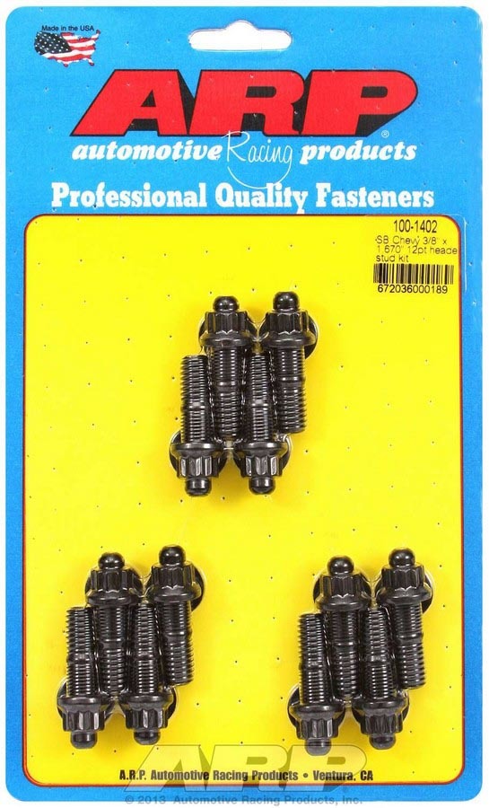 ARP 100-1402 Header Stud, 3/8 in Diameter, 1.670 in Long, 12 Point Nuts, Chromoly, Black Oxide, Small Block Chevy, Set of 12