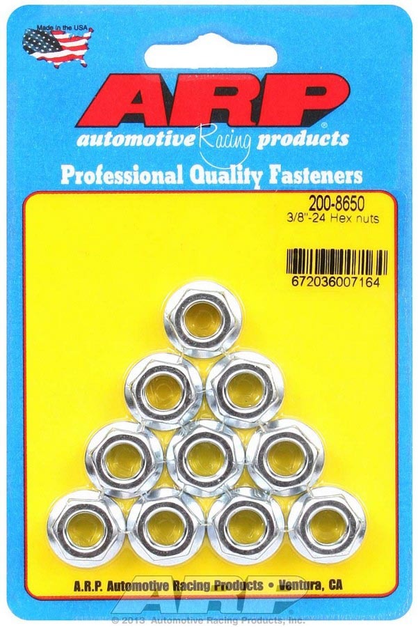 ARP 200-8650 Nut, Locking, 3/8-24 in Thread, 9/16 in Hex Head, Serrated Flange, Steel, Cadmium, Set of 10